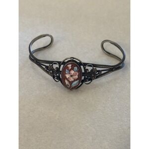 Unbranded Floral Cuff Bracelet Womens OS Silver Pink Hand Painted Filigree Boho